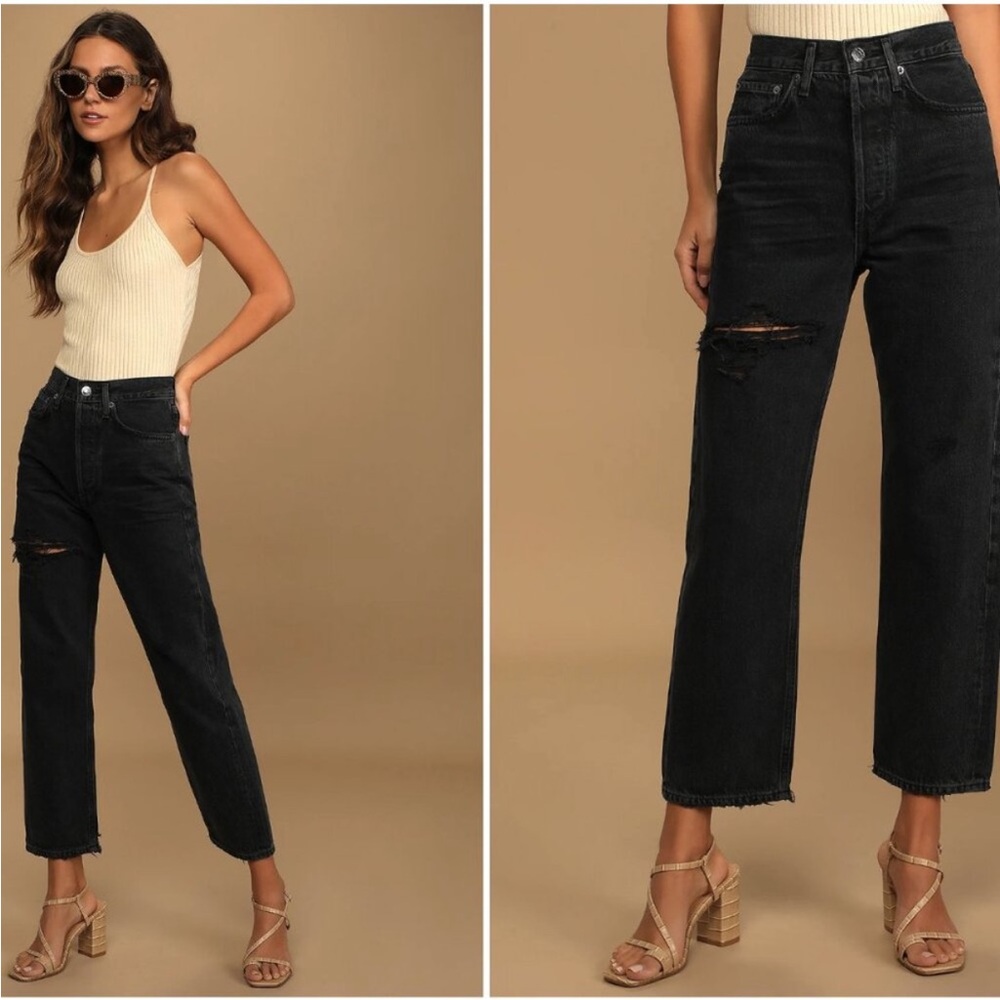 Agolde 90s Crop Jeans Womens Black Distressed High Rise Straight Leg Raw Hem 33